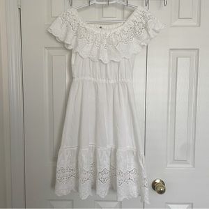Heavily embroidered, off the shoulder 100% cotton white midi dress